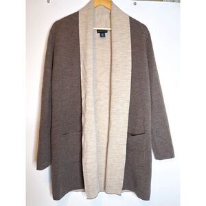 Adrienne Vittadini Merino Wool Brown Beige Knit Open Front Cardigan Sweater S